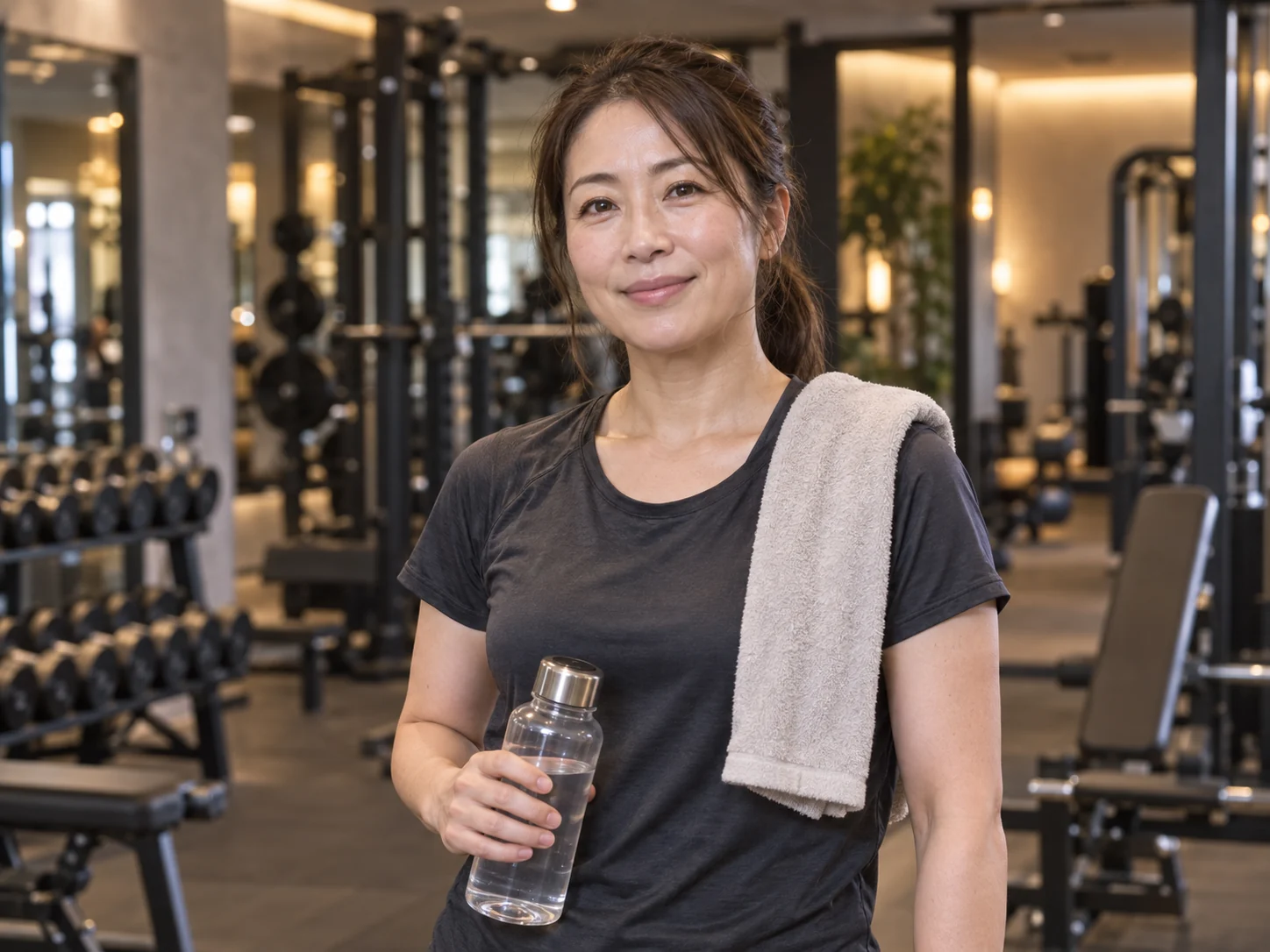 トレーニング後にタオルと水を手にする日本人女性のイメージ