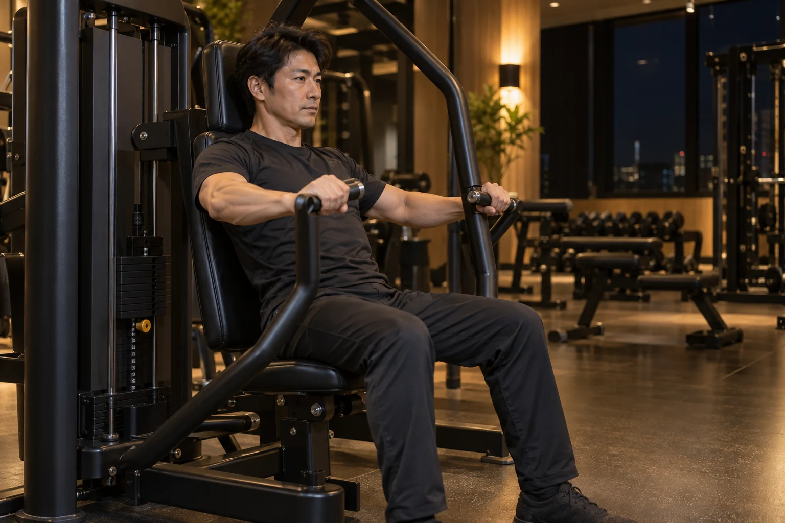 夜にマシントレーニングをする日本人男性のイメージ