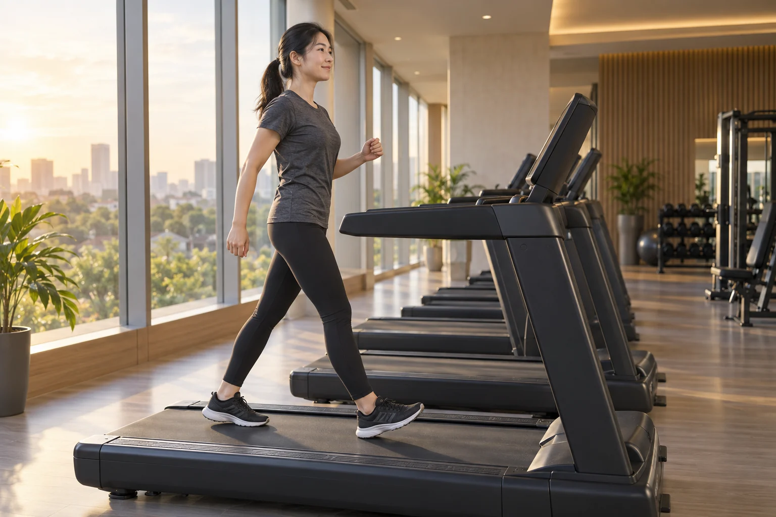 朝の光が入るジムでトレーニングをする日本人女性のイメージ