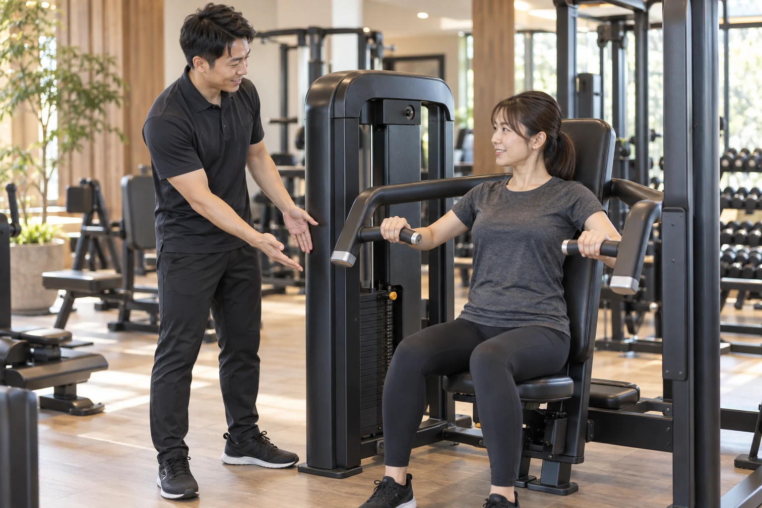 日本人トレーナーが女性にマシンの使い方を教えるイメージ